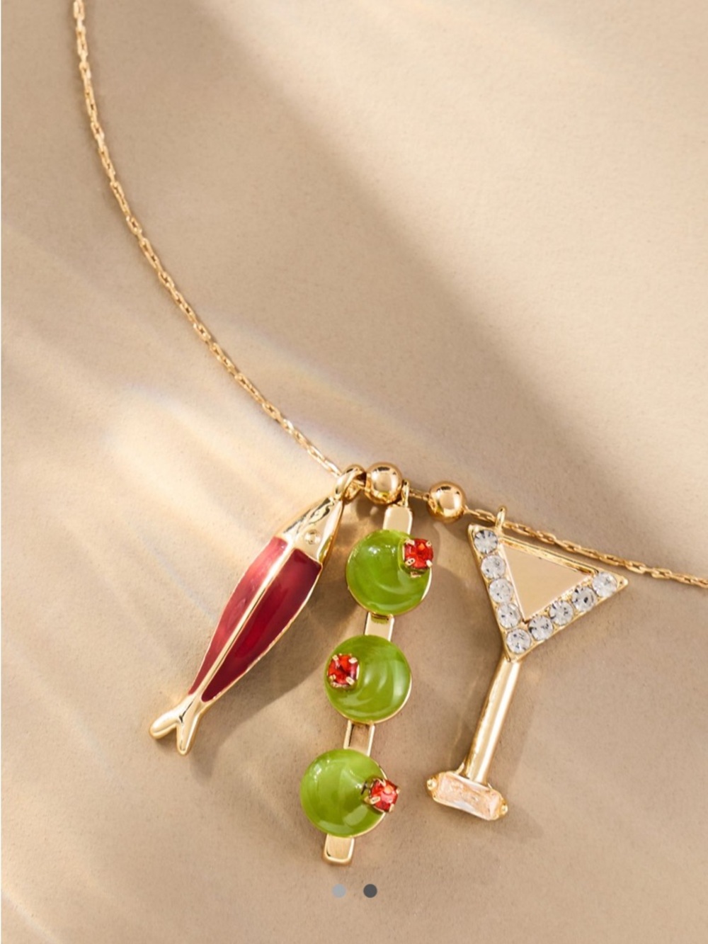 Anthropologie Gold-tone Necklace with Red Fish, Green & Crystal Martini Charm